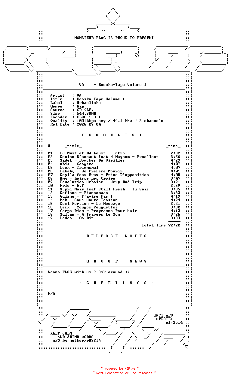 NFO for the release VA-Booska-Tape_Vol_1-FR-CD-FLAC-2012-Mrflac by Mrflac