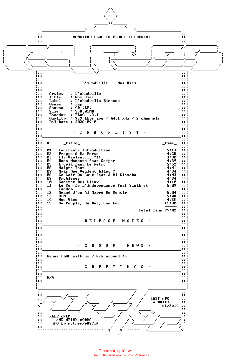 NFO for the release Lskadrille-Nos_Vies-FR-CD-FLAC-2005-Mrflac by Mrflac
