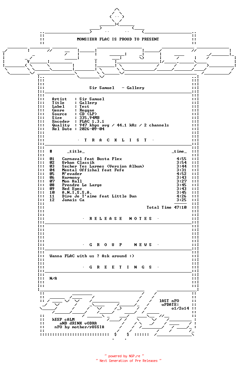 NFO for the release Sir_Samuel-Gallery-FR-CD-FLAC-2011-Mrflac by Mrflac