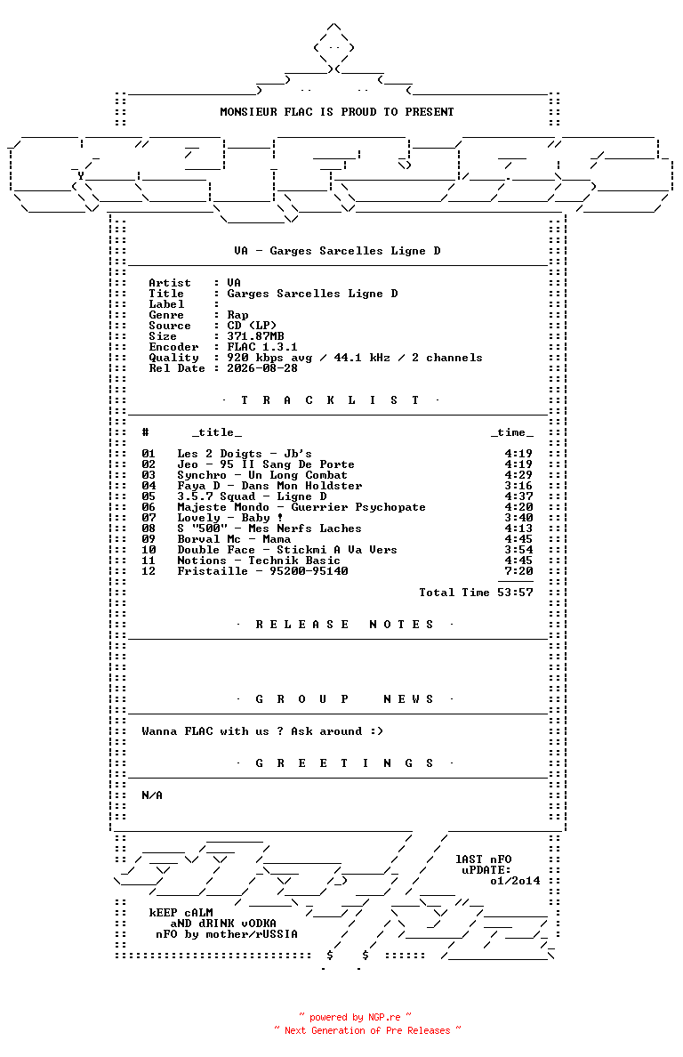 NFO for the release VA-Garges_Sarcelles_Ligne_D-FR-Bootleg-CD-FLAC-2006-Mrflac by Mrflac