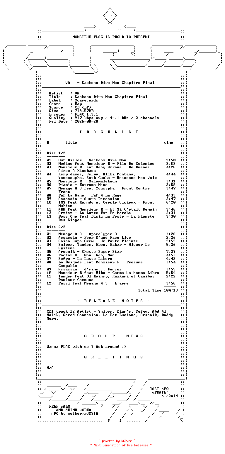 NFO for the release VA-Sachons_Dire_Non_Chapitre_Final-FR-2CD-FLAC-2008-Mrflac by Mrflac