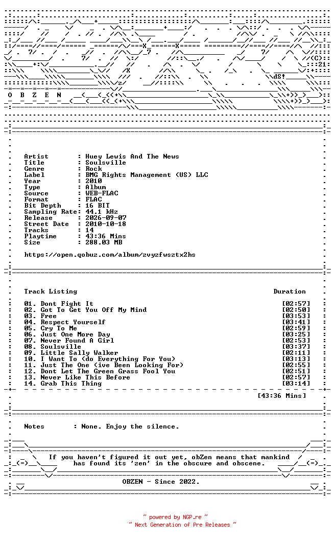 NFO for the release Huey_Lewis_And_The_News-Soulsville-16BIT-WEB-FLAC-2010-OBZEN by OBZEN