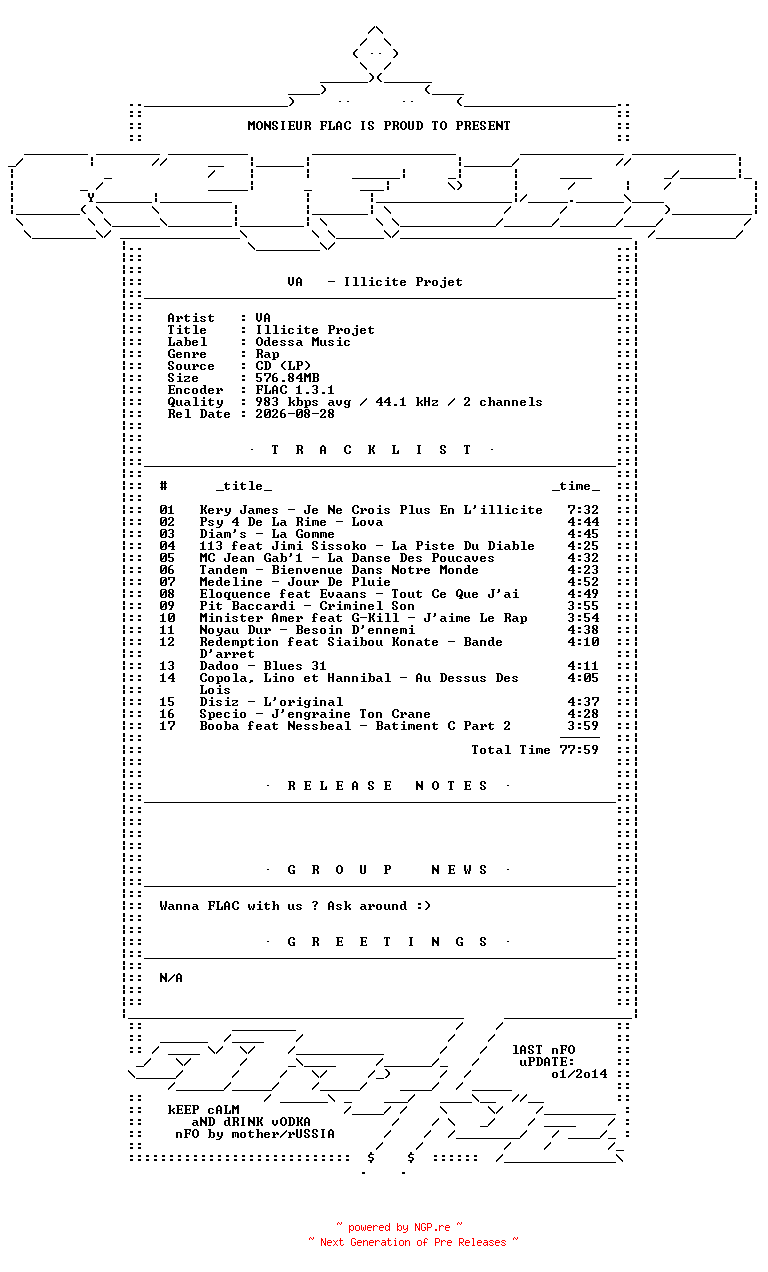 NFO for the release VA-Illicite_Projet-FR-CD-FLAC-2005-Mrflac by Mrflac
