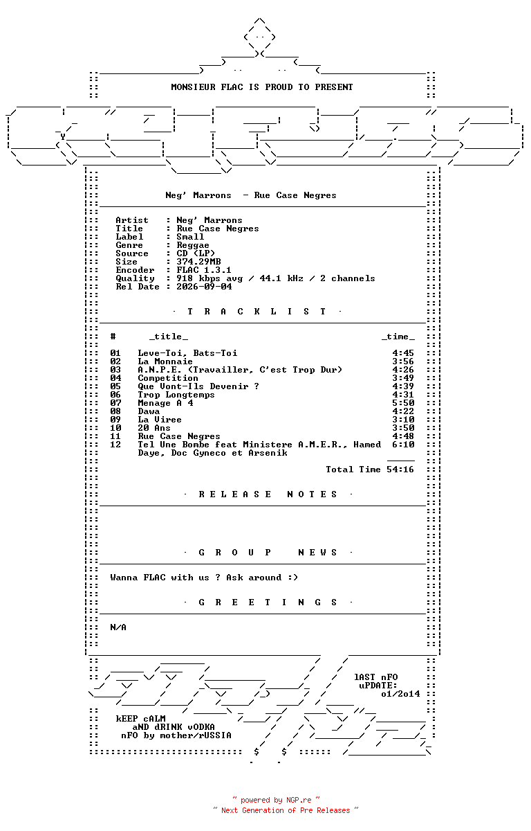 NFO for the release Neg_Marrons-Rue_Case_Negres-FR-CD-FLAC-1997-Mrflac by Mrflac