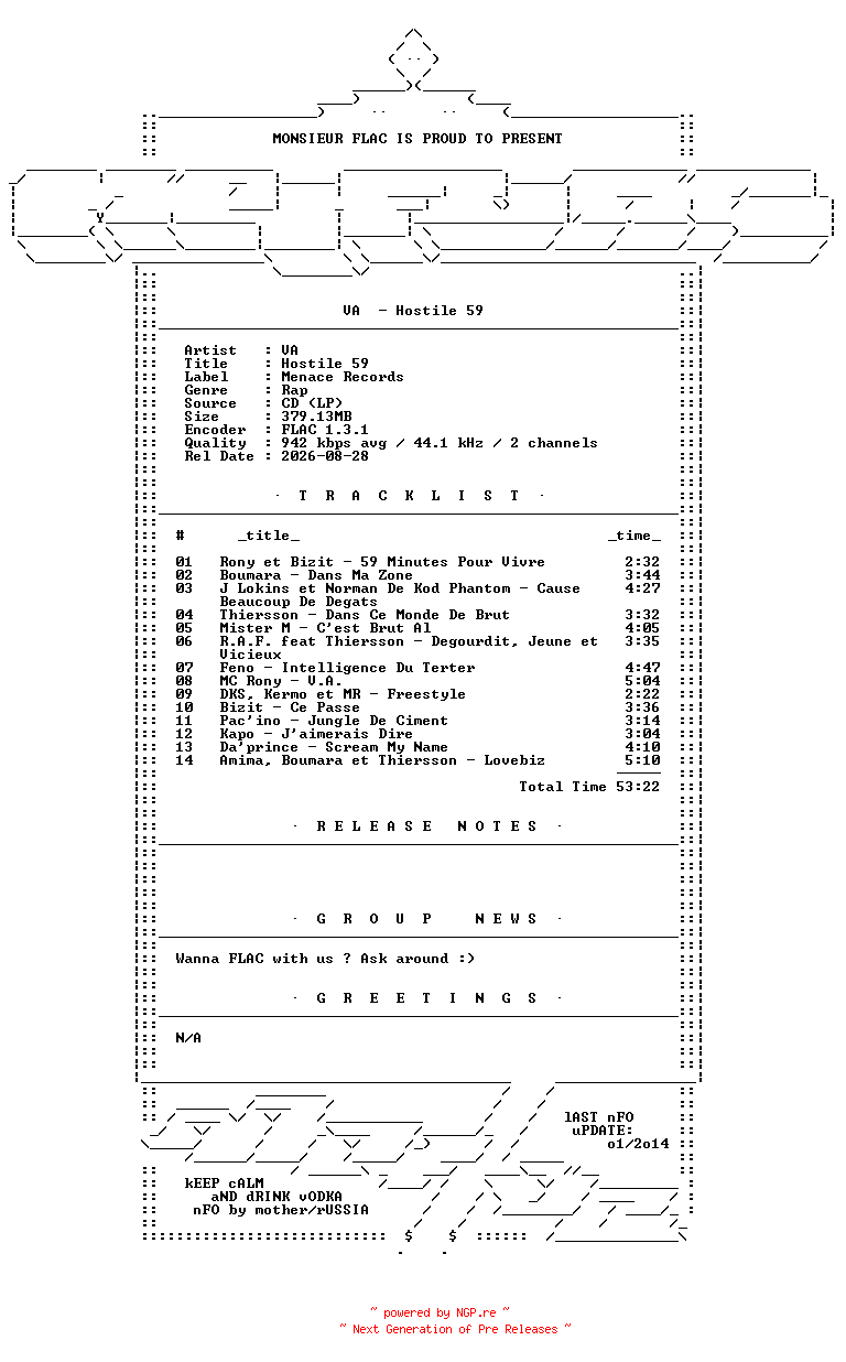 NFO for the release VA-Hostile_59-FR-CD-FLAC-2009-Mrflac by Mrflac