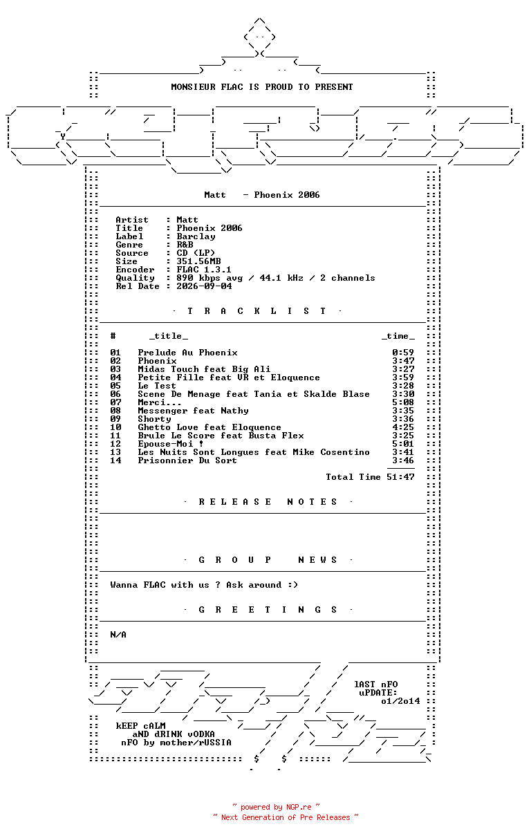 NFO for the release Matt-Phoenix_2006-FR-CD-FLAC-2006-Mrflac by Mrflac