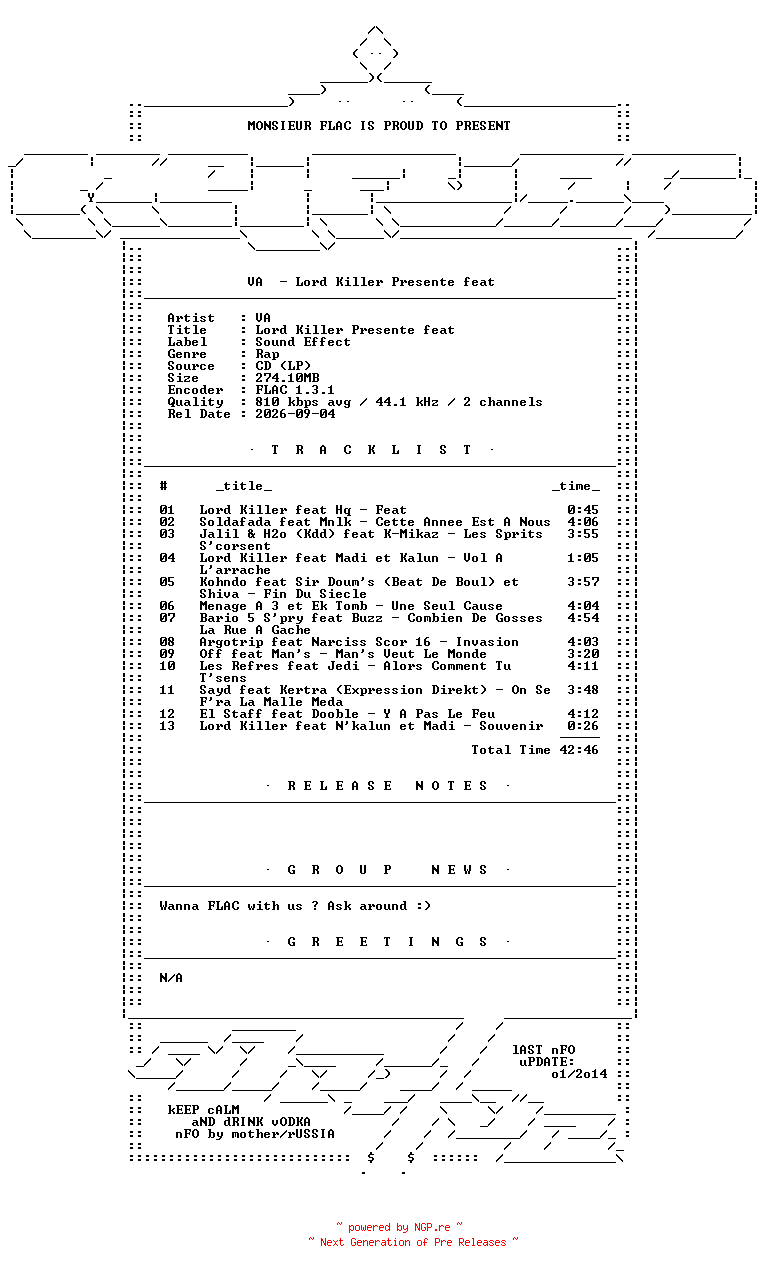NFO for the release VA-Lord_Killer_Presente_feat-FR-CD-FLAC-1998-Mrflac by Mrflac