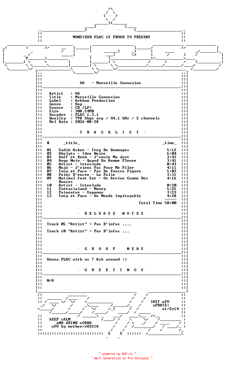 NFO for the release VA-Marseille_Connexion-FR-CD-FLAC-2000-Mrflac by Mrflac