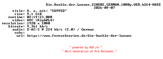 NFO for the release Die.Hoehle.der.Loewen.S20E02.GERMAN.1080p.WEB.h264-HAXE by HAXE