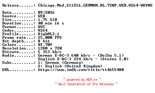 NFO for the release Chicago.Med.S11E16.GERMAN.DL.720P.WEB.H264-WAYNE by WAYNE