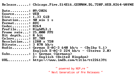 NFO for the release Chicago.Fire.S14E16.GERMAN.DL.720P.WEB.H264-WAYNE by WAYNE