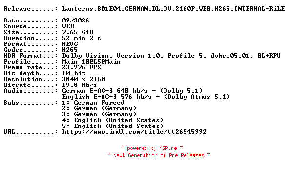 NFO for the release Lanterns.S01E04.GERMAN.DL.DV.2160P.WEB.H265.INTERNAL-RiLE by RiLE