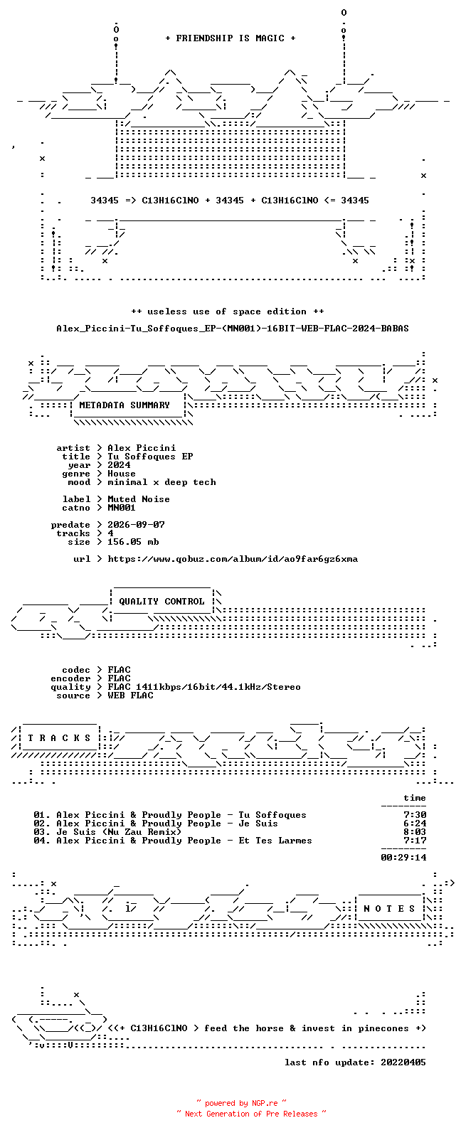NFO for the release Alex_Piccini-Tu_Soffoques_EP-(MN001)-16BIT-WEB-FLAC-2024-BABAS by BABAS