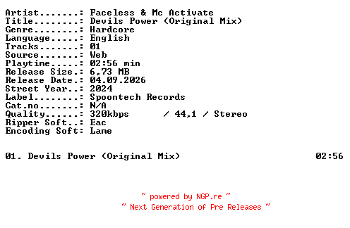 NFO for the release Faceless_and_Mc_Activate-Devils_Power_(Original_Mix)-SINGLE-WEB-2024-XTC_iNT by XTC_iNT