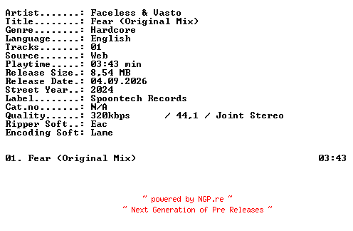 NFO for the release Faceless_and_Vasto-Fear_(Original_Mix)-SINGLE-WEB-2024-XTC_iNT by XTC_iNT