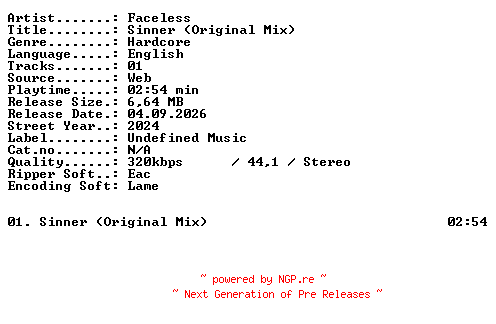 NFO for the release Faceless-Sinner_(Original_Mix)-SINGLE-WEB-2024-XTC_iNT by XTC_iNT