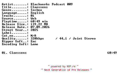 NFO for the release BLACKWORKS_PODCAST_009-CLAESSENS-WEB-2025-XTC_iNT by XTC_iNT