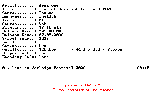 NFO for the release AREA_ONE-Live_at_Verknipt_Festival_2026-WEB-2026-XTC_iNT by XTC_iNT