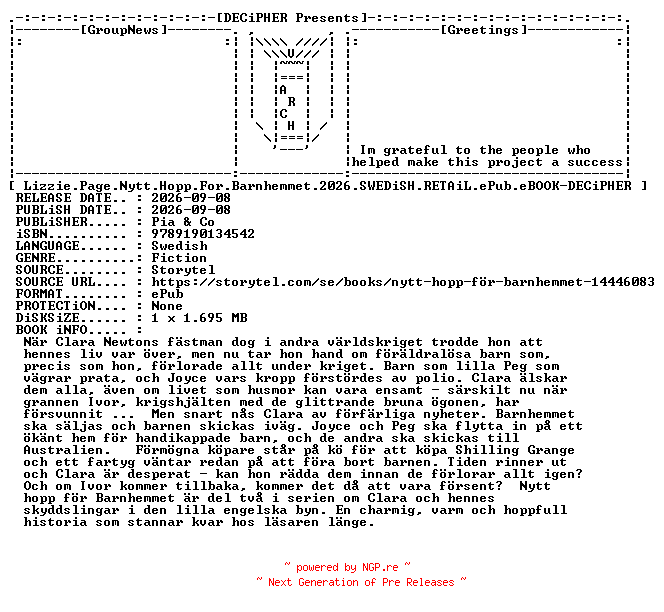 NFO for the release Lizzie.Page.Nytt.Hopp.For.Barnhemmet.2026.SWEDiSH.RETAiL.ePub.eBOOK-DECiPHER by DECiPHER