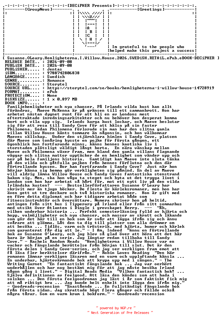 NFO for the release Susanne.OLeary.Hemligheterna.I.Willow.House.2026.SWEDiSH.RETAiL.ePub.eBOOK-DECiPHER by DECiPHER
