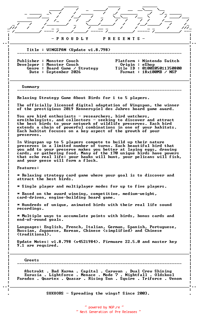 NFO for the release WINGSPAN_Update_v1.8.798_NSW-SUXXORS by SUXXORS