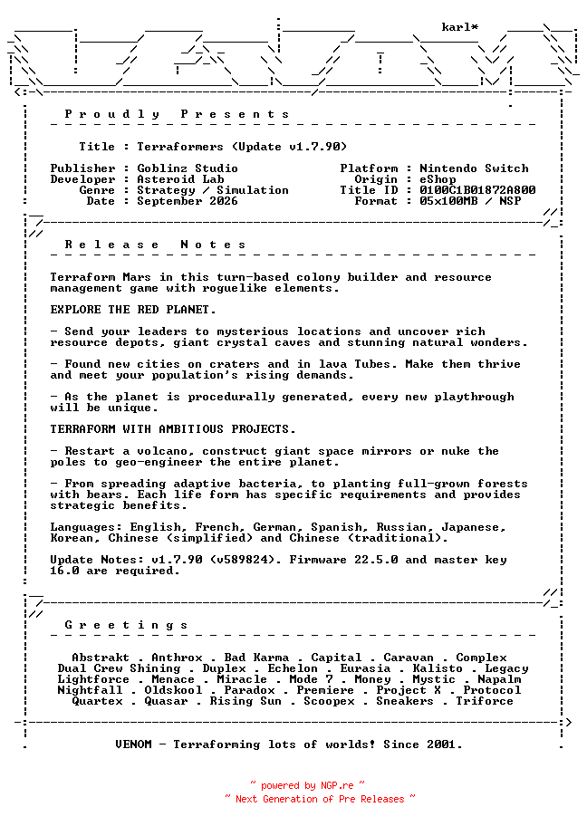 NFO for the release Terraformers_Update_v1.7.90_NSW-VENOM by VENOM