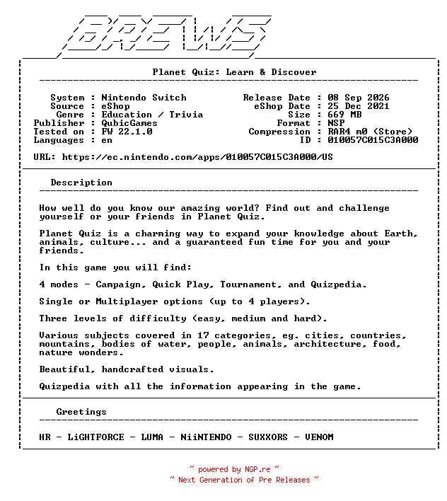 NFO for the release Planet_Quiz_Learn_and_Discover_NSW-BREWS by BREWS