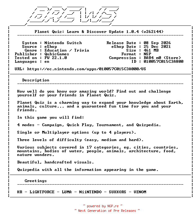 NFO for the release Planet_Quiz_Learn_and_Discover_Update_v1.0.4_NSW-BREWS by BREWS