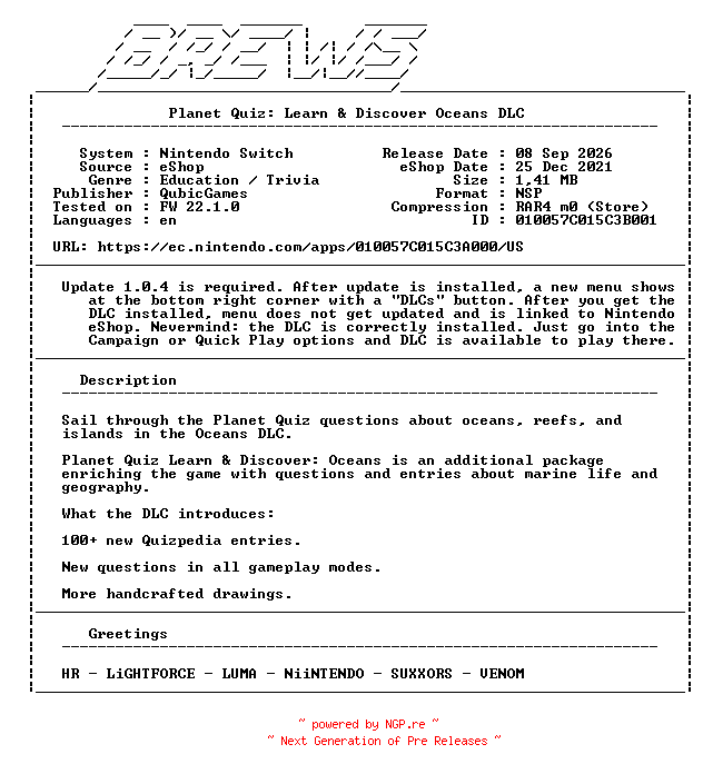 NFO for the release Planet_Quiz_Learn_and_Discover_Oceans_DLC_NSW-BREWS by BREWS