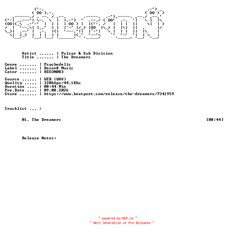 NFO for the release Pulsar_And_Sub_Division-The_Dreamers-(RESON083)-SINGLE-WEB-2026-FALCON by FALCON