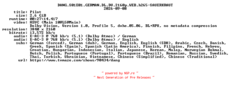 NFO for the release DANG.S01E01.GERMAN.DL.DV.2160p.WEB.h265-SAUERKRAUT by SAUERKRAUT