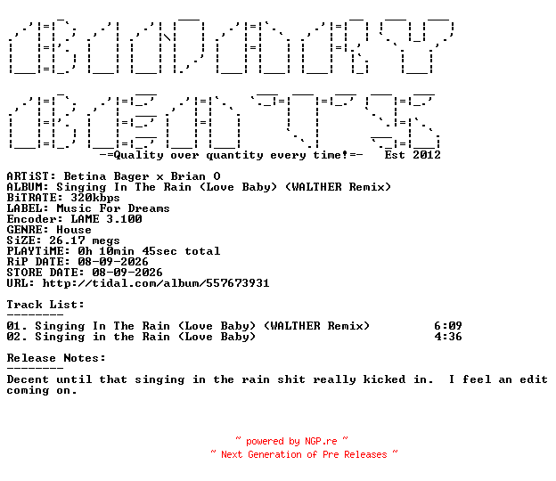 NFO for the release Betina_Bager_x_Brian_O-Singing_In_The_Rain_(Love_Baby)_(WALTHER_Remix)-(ZZZCDS1018)-WEB-2026-BB by BB