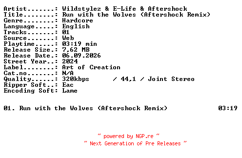 NFO for the release Wildstylez_and_E-Life_and_Aftershock-Run_with_the_Wolves_(Aftershock_Remix)-SINGLE-WEB-2024-XTC_iNT by XTC_iNT