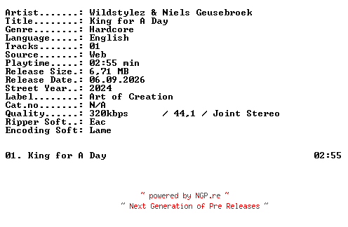 NFO for the release Wildstylez_and_Niels_Geusebroek-King_for_A_Day-SINGLE-WEB-2024-XTC_iNT by XTC_iNT