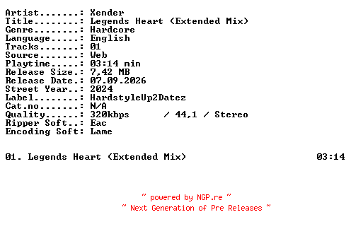 NFO for the release XENDER-Legends_Heart_(Extended_Mix)-SINGLE-WEB-2024-XTC_iNT by XTC_iNT