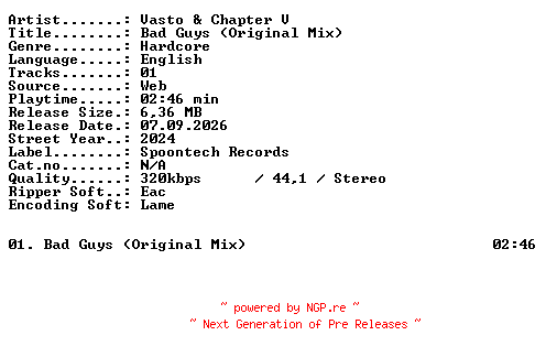 NFO for the release Vasto_and_Chapter_V-Bad_Guys_(Original_Mix)-SINGLE-WEB-2024-XTC_iNT by XTC_iNT