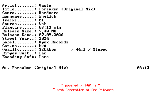 NFO for the release Vasto-Forsaken_(Original_Mix)-SINGLE-WEB-2024-XTC_iNT by XTC_iNT