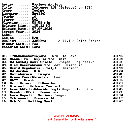 NFO for the release VA-Tektones_15_(Selected_by_T78)-WEB-2024-XTC_iNT by XTC_iNT