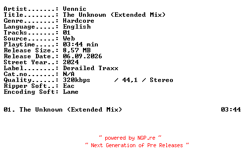 NFO for the release Vennic-The_Unknown_(Extended_Mix)-SINGLE-WEB-2024-XTC_iNT by XTC_iNT
