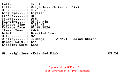 NFO for the release Vennic-Weightless_(Extended_Mix)-SINGLE-WEB-2024-XTC_iNT by XTC_iNT
