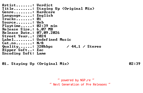 NFO for the release Verdict-Staying_Up_(Original_Mix)-SINGLE-WEB-2024-XTC_iNT by XTC_iNT