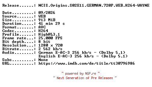 NFO for the release NCIS.Origins.S02E11.GERMAN.720P.WEB.H264-WAYNE by WAYNE