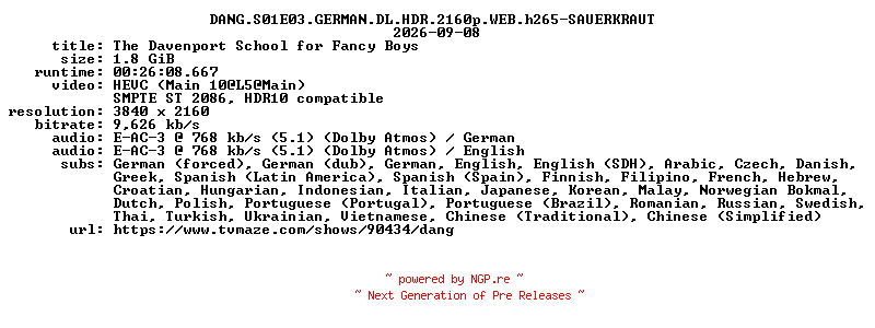 NFO for the release DANG.S01E03.GERMAN.DL.HDR.2160p.WEB.h265-SAUERKRAUT by SAUERKRAUT