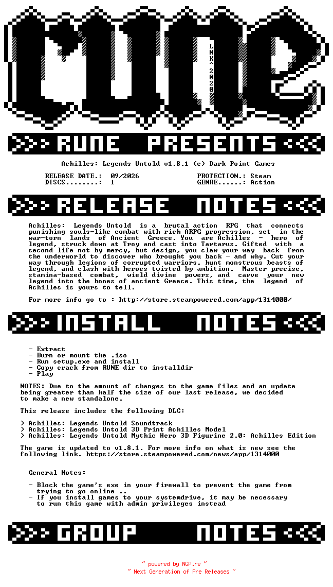 NFO for the release Achilles.Legends.Untold.v1.8.1-RUNE by RUNE