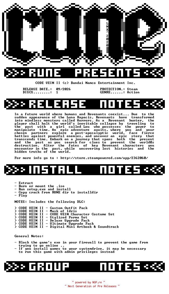 NFO for the release CODE.VEIN.II-RUNE by RUNE