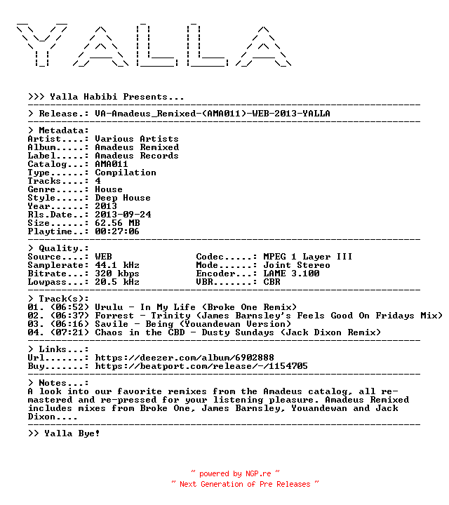 NFO for the release VA-Amadeus_Remixed-(AMA011)-WEB-2013-YALLA by YALLA