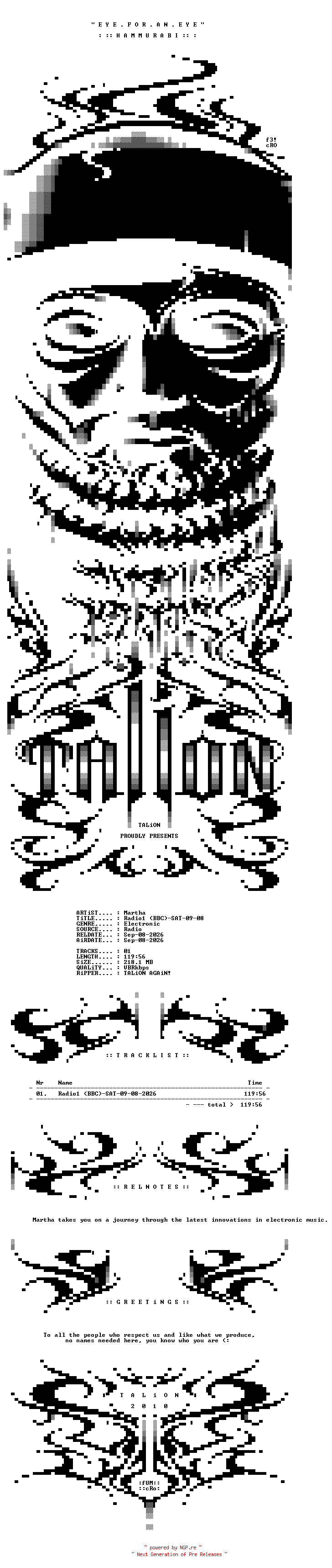 NFO for the release Martha_-_Radio1_(BBC)-SAT-09-08-2026-TALiON by TALiON
