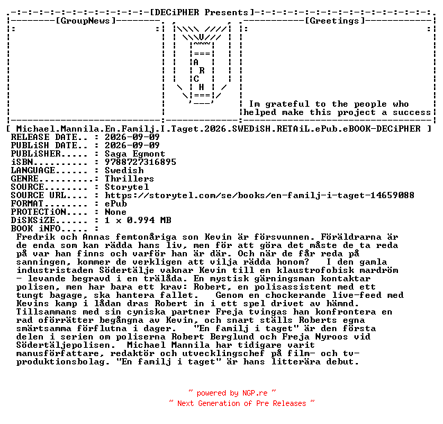 NFO for the release Michael.Mannila.En.Familj.I.Taget.2026.SWEDiSH.RETAiL.ePub.eBOOK-DECiPHER by DECiPHER