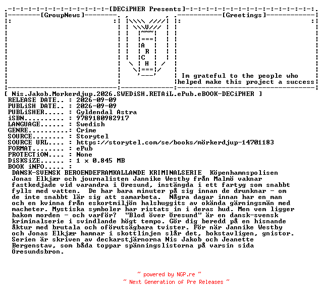 NFO for the release Nis.Jakob.Morkerdjup.2026.SWEDiSH.RETAiL.ePub.eBOOK-DECiPHER by DECiPHER