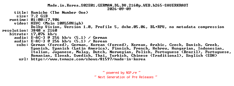 NFO for the release Made.in.Korea.S02E01.GERMAN.DL.DV.2160p.WEB.h265-SAUERKRAUT by SAUERKRAUT